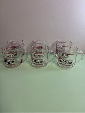 Vintage KIG Indonesia Christmas Mugs Set of 6, Christmas Bow and Holly Pattern